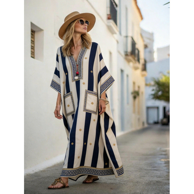 Women's Boho Striped V-Neck Pocket Kaftan Maxi Dress