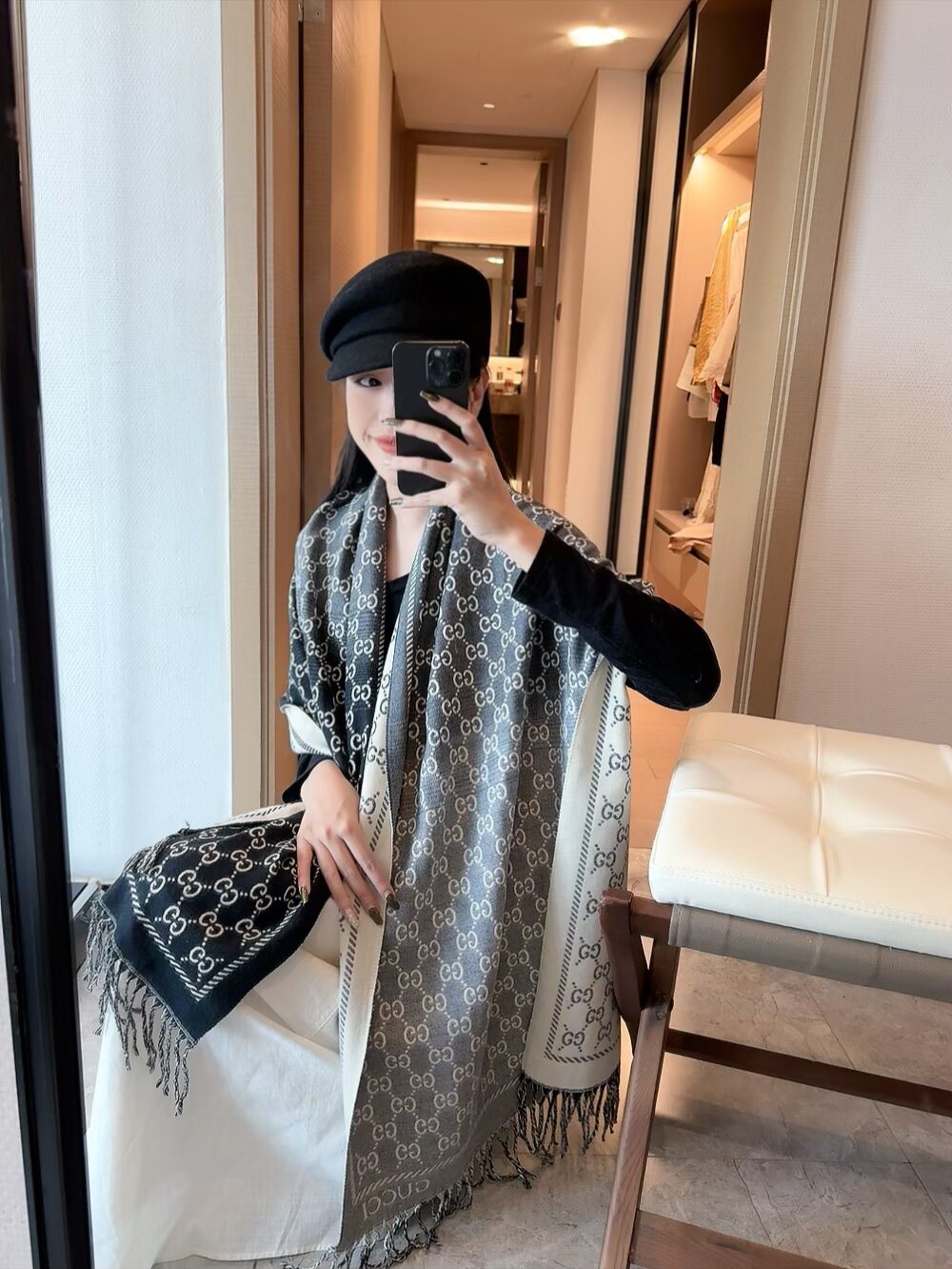 Gucci Brown Beige Jacquard Fringe Scarf